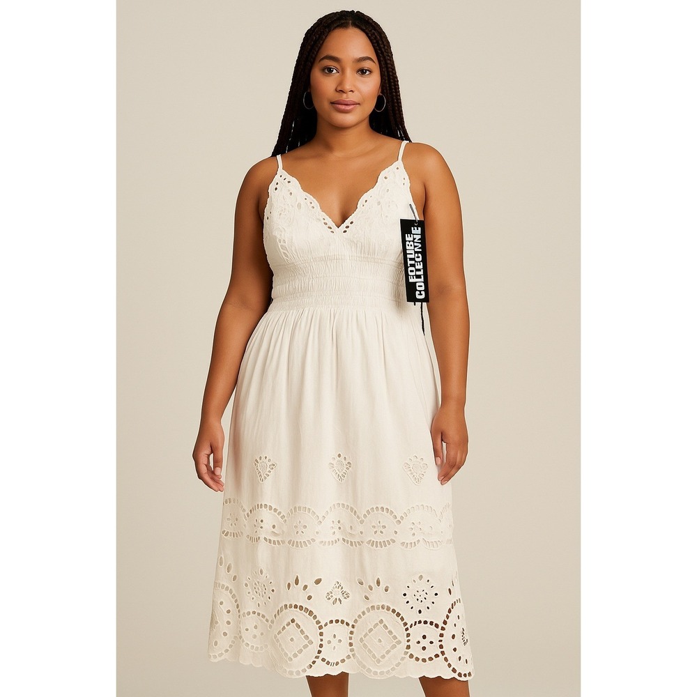 Future Collective Dress Womens‎ XS White Eyelet Embroidered Smocked Summer Boho